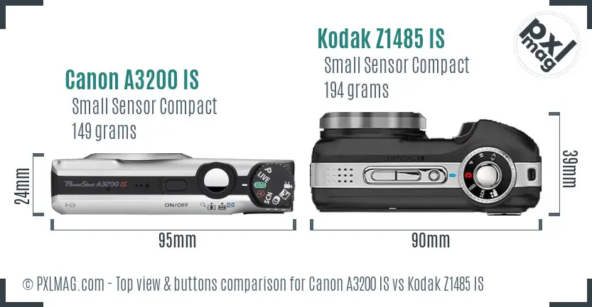 Canon A3200 IS vs Kodak Z1485 IS top view buttons comparison