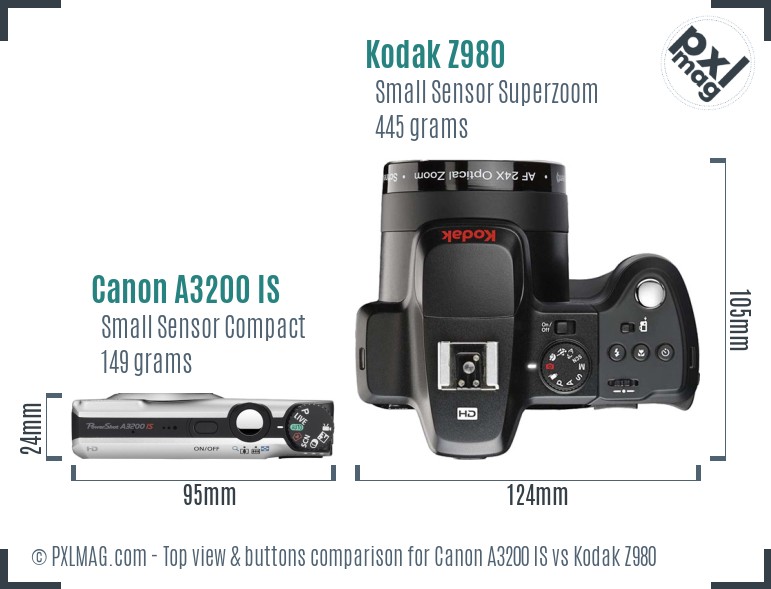 Canon A3200 IS vs Kodak Z980 top view buttons comparison