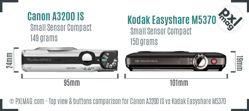 Canon A3200 IS vs Kodak Easyshare M5370 top view buttons comparison