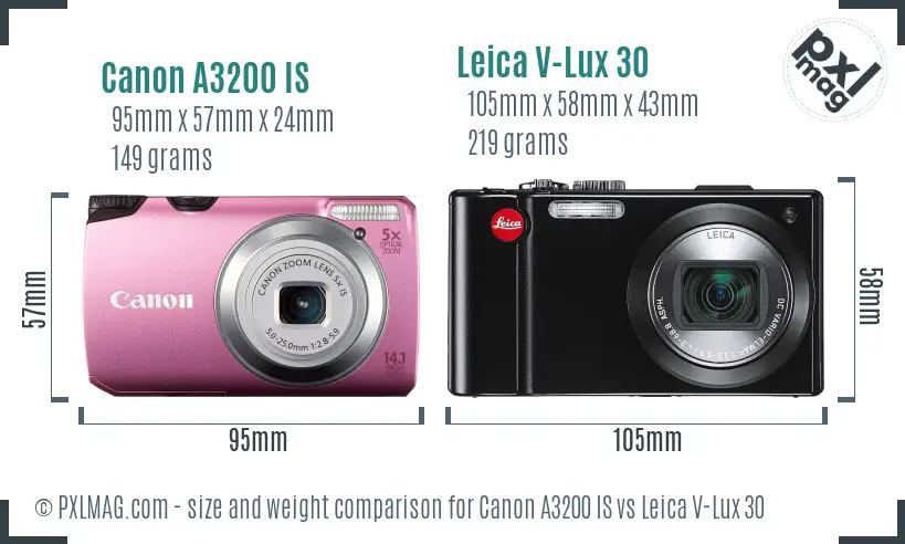 Canon A3200 IS vs Leica V-Lux 30 size comparison Canon A3200 IS vs Leica V-Lux 30 size comparison