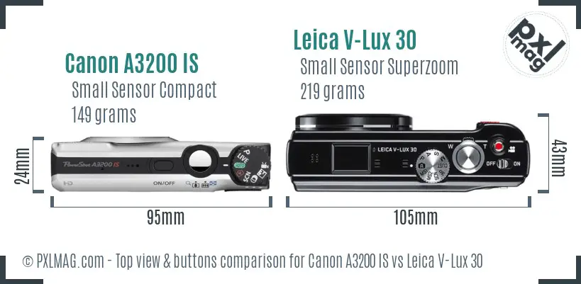 Canon A3200 IS vs Leica V-Lux 30 top view buttons comparison Canon A3200 IS vs Leica V-Lux 30 top view buttons comparison