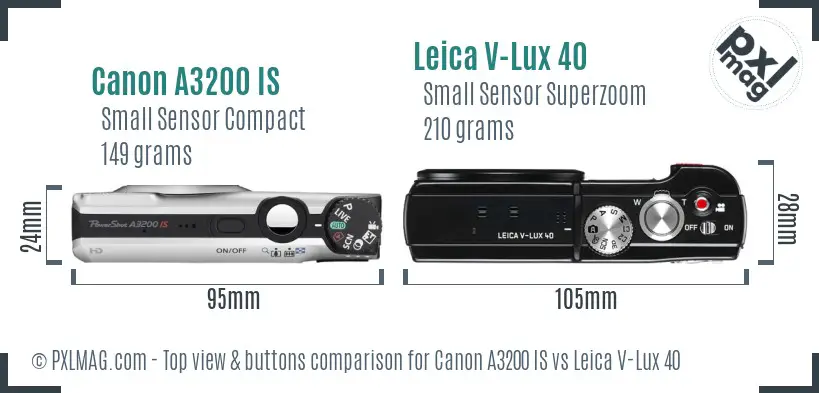 Canon A3200 IS vs Leica V-Lux 40 top view buttons comparison