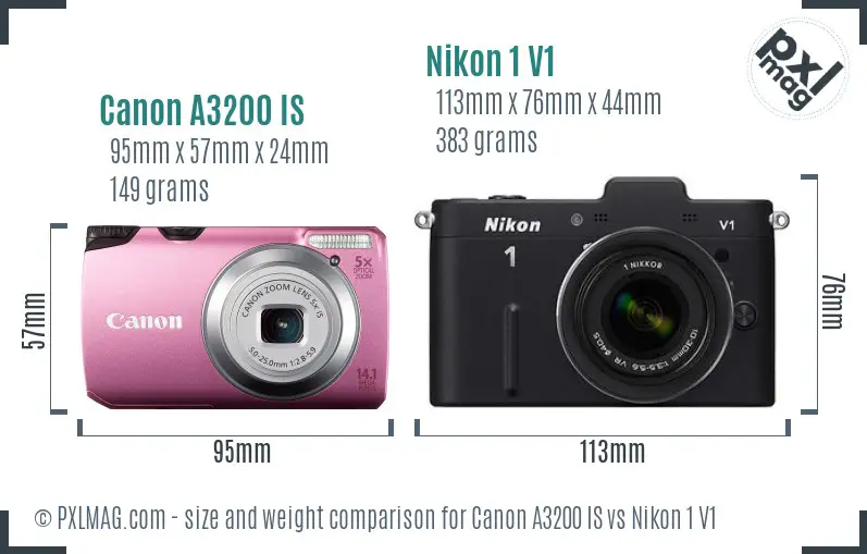 Canon A3200 IS vs Nikon 1 V1 size comparison