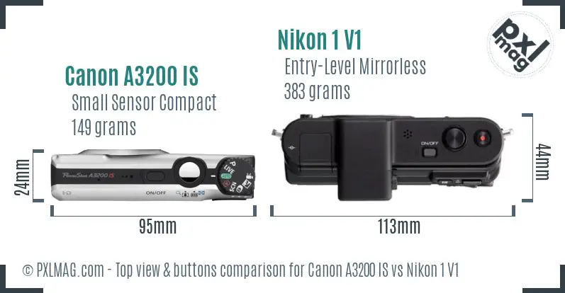 Canon A3200 IS vs Nikon 1 V1 top view buttons comparison