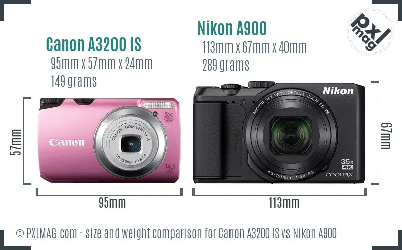 Canon A3200 IS vs Nikon A900 size comparison