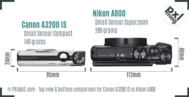 Canon A3200 IS vs Nikon A900 top view buttons comparison