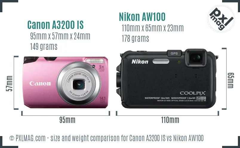 Canon A3200 IS vs Nikon AW100 size comparison