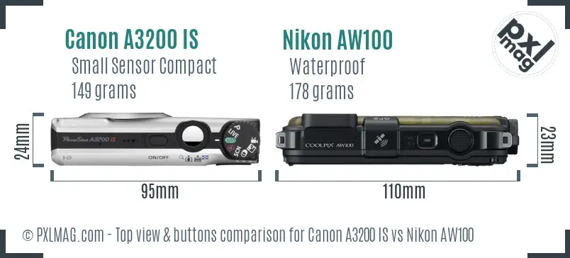 Canon A3200 IS vs Nikon AW100 top view buttons comparison