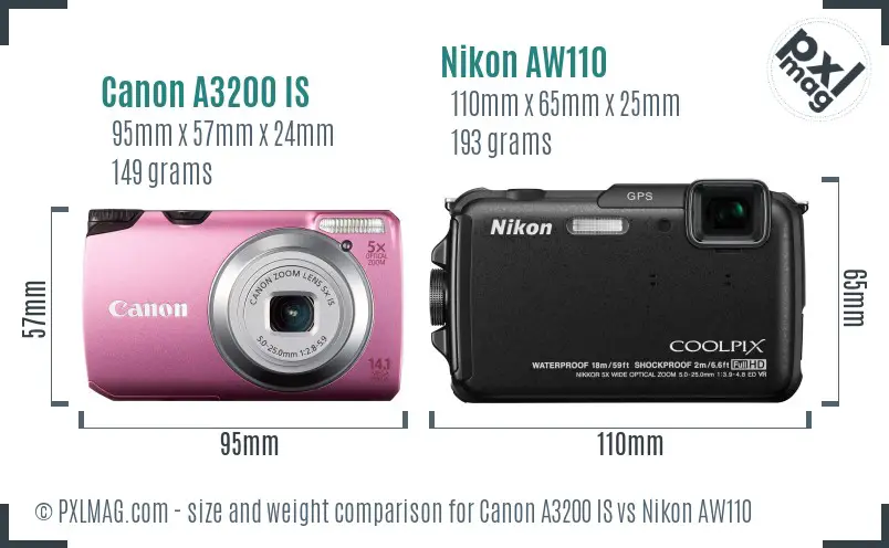 Canon A3200 IS vs Nikon AW110 size comparison