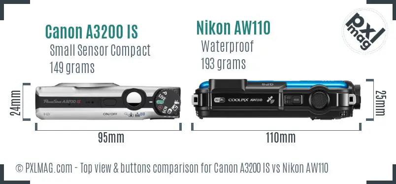 Canon A3200 IS vs Nikon AW110 top view buttons comparison