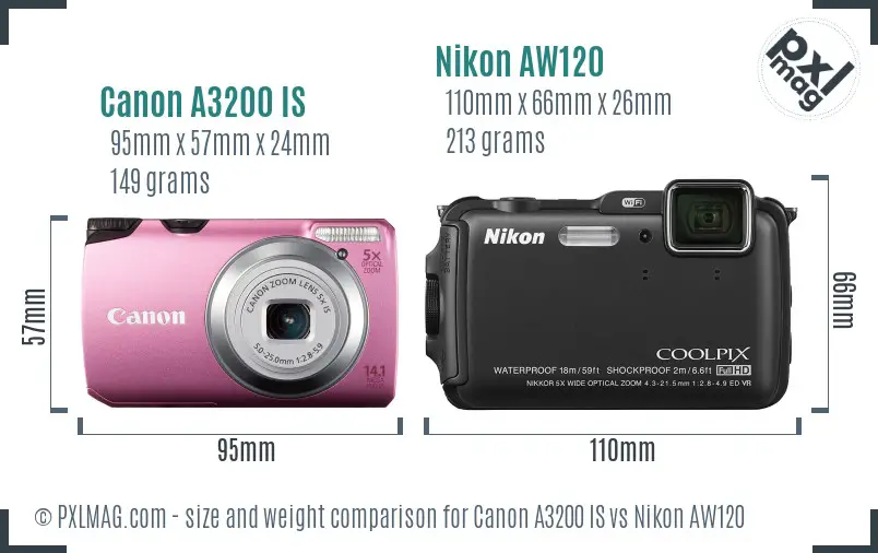 Canon A3200 IS vs Nikon AW120 size comparison