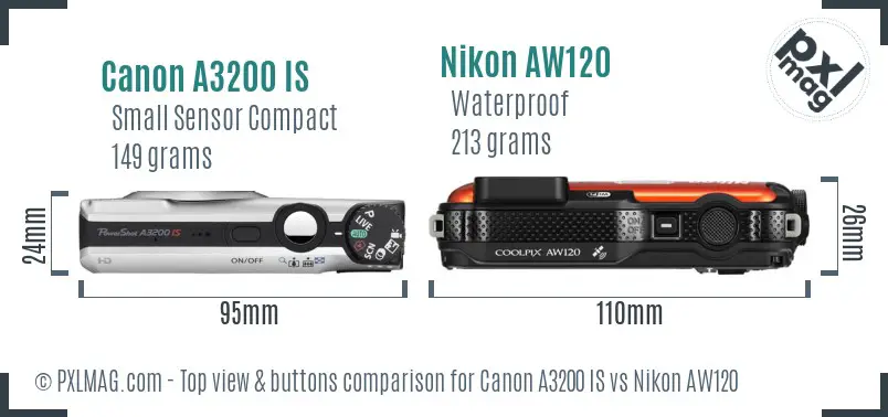 Canon A3200 IS vs Nikon AW120 top view buttons comparison