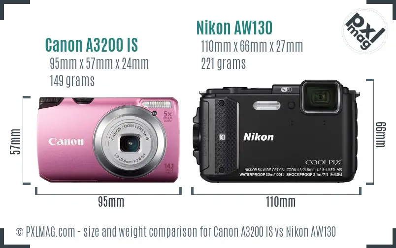 Canon A3200 IS vs Nikon AW130 size comparison