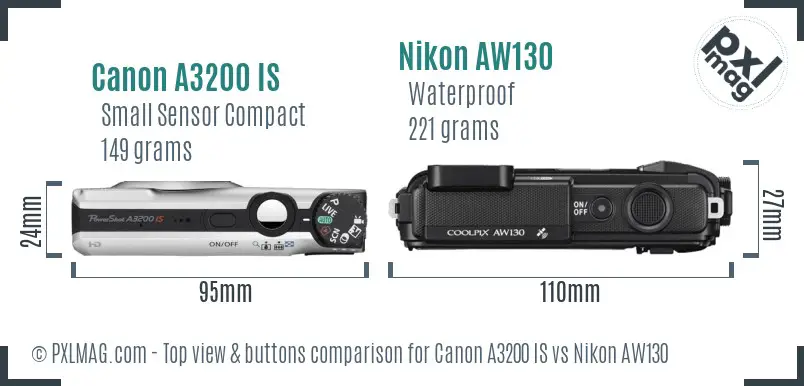 Canon A3200 IS vs Nikon AW130 top view buttons comparison