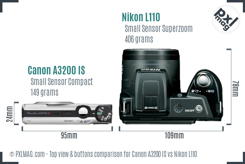 Canon A3200 IS vs Nikon L110 top view buttons comparison