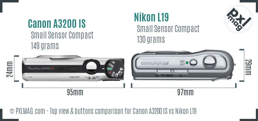 Canon A3200 IS vs Nikon L19 top view buttons comparison