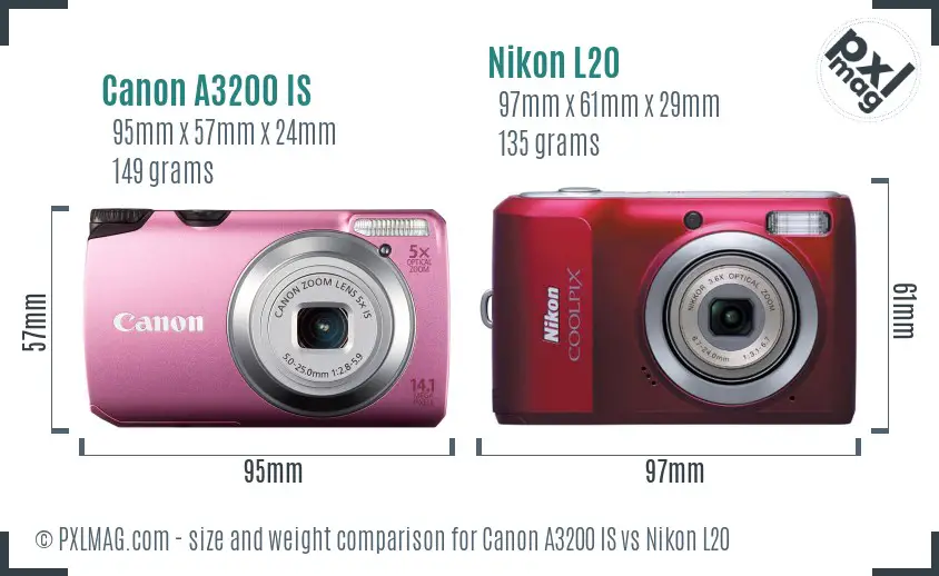 Canon A3200 IS vs Nikon L20 size comparison