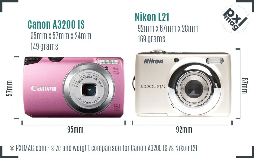 Canon A3200 IS vs Nikon L21 size comparison