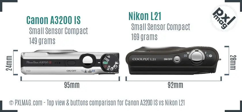 Canon A3200 IS vs Nikon L21 top view buttons comparison