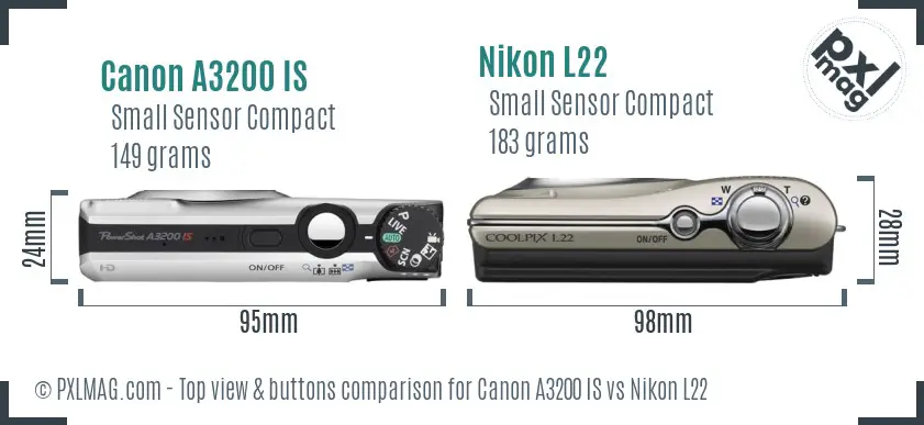 Canon A3200 IS vs Nikon L22 top view buttons comparison Canon A3200 IS vs Nikon L22 top view buttons comparison