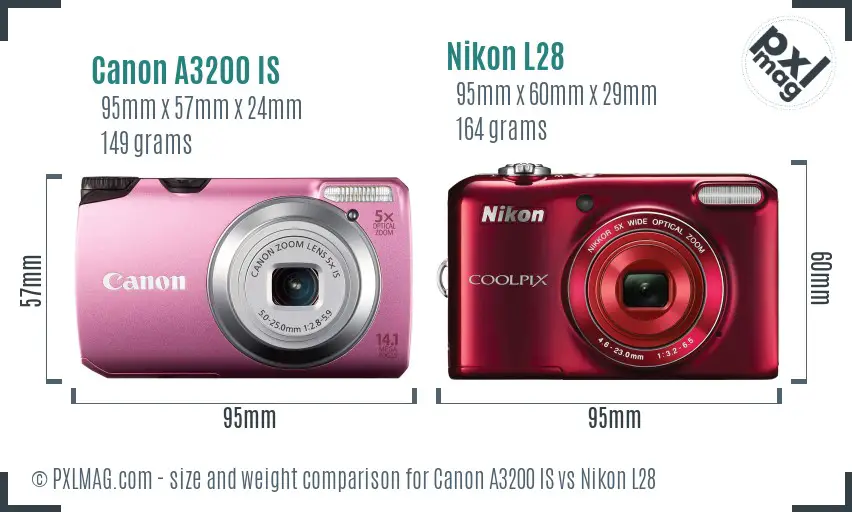 Canon A3200 IS vs Nikon L28 size comparison