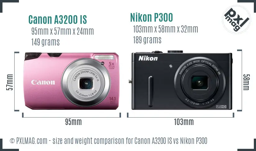 Canon A3200 IS vs Nikon P300 size comparison