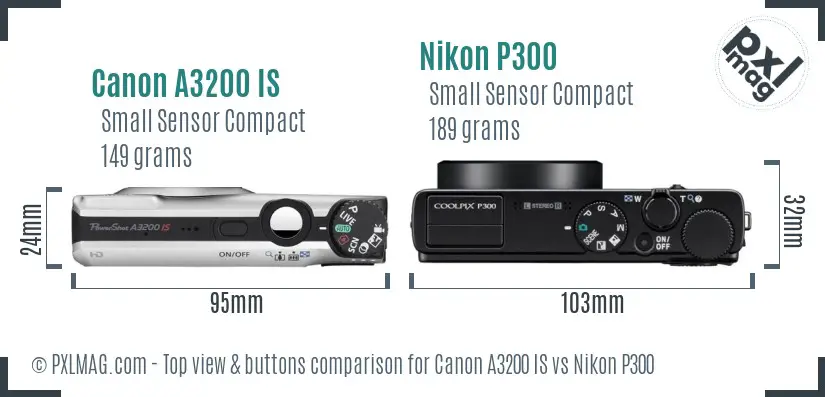 Canon A3200 IS vs Nikon P300 top view buttons comparison