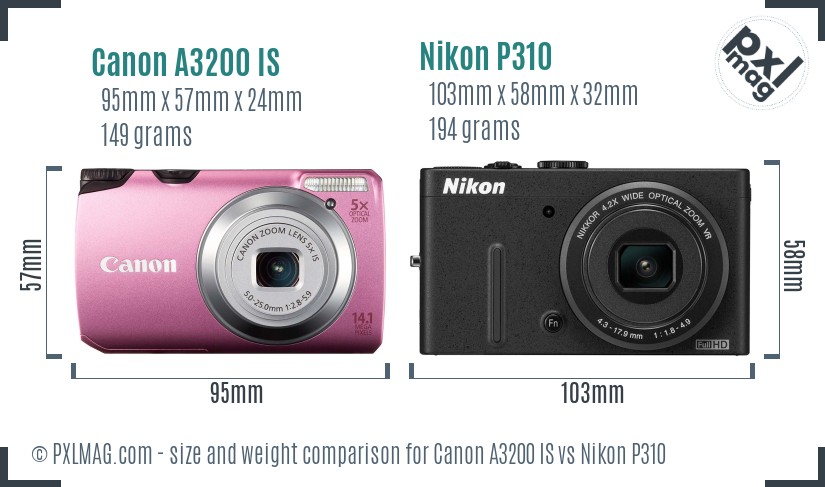 Canon A3200 IS vs Nikon P310 size comparison