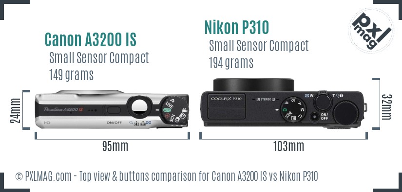 Canon A3200 IS vs Nikon P310 top view buttons comparison