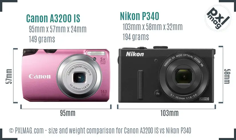Canon A3200 IS vs Nikon P340 size comparison
