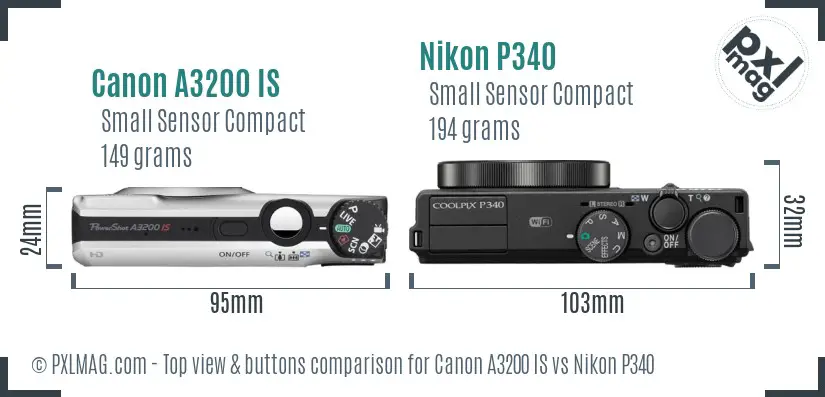 Canon A3200 IS vs Nikon P340 top view buttons comparison