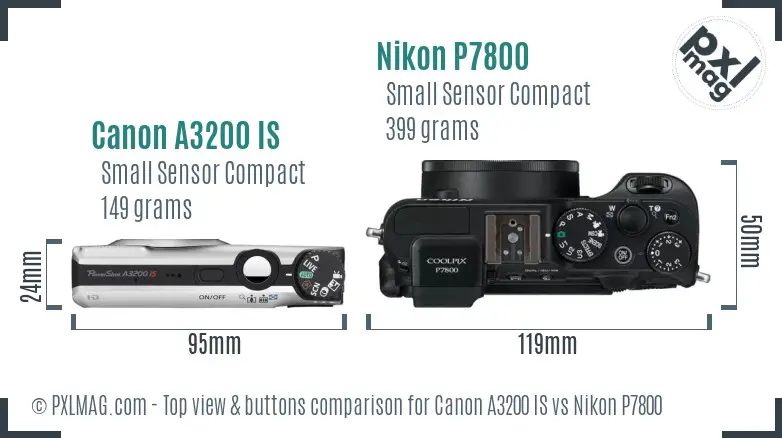 Canon A3200 IS vs Nikon P7800 top view buttons comparison