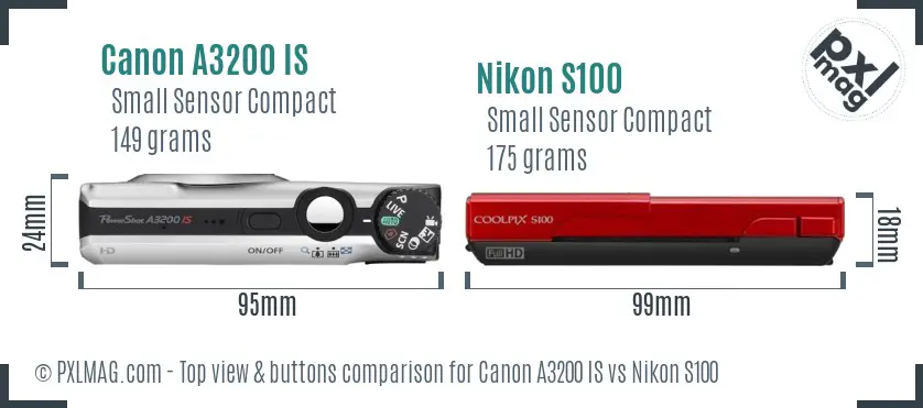 Canon A3200 IS vs Nikon S100 top view buttons comparison