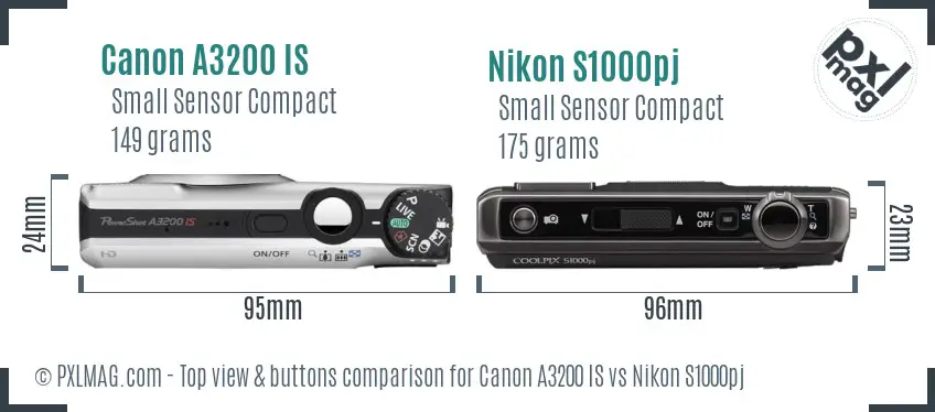 Canon A3200 IS vs Nikon S1000pj top view buttons comparison