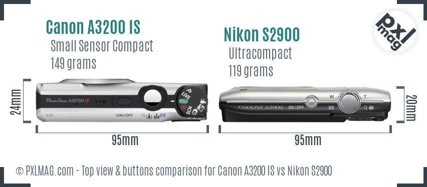 Canon A3200 IS vs Nikon S2900 top view buttons comparison