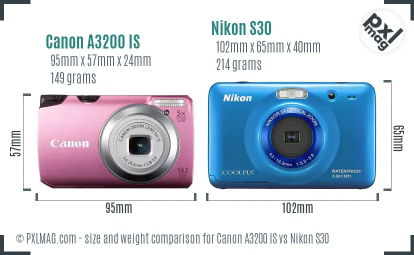 Canon A3200 IS vs Nikon S30 size comparison