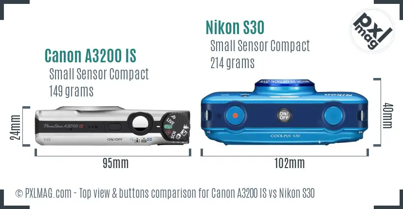 Canon A3200 IS vs Nikon S30 top view buttons comparison