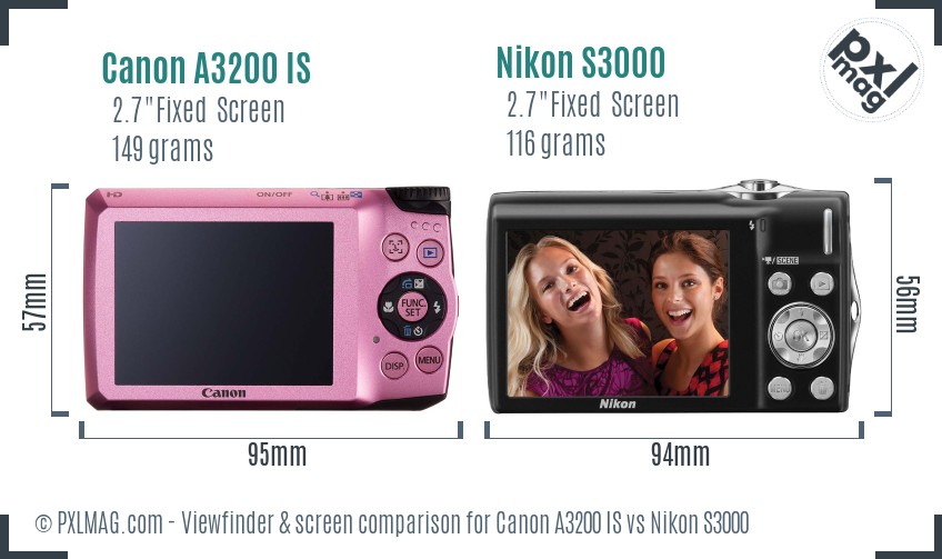 Canon A3200 IS vs Nikon S3000 Screen and Viewfinder comparison