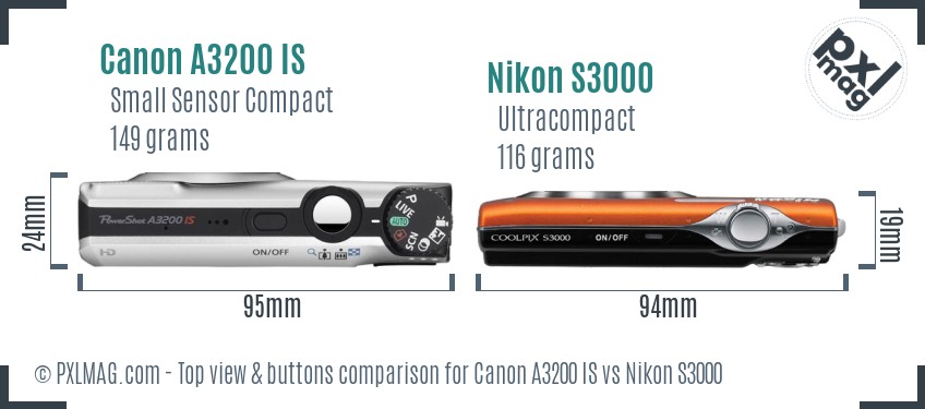 Canon A3200 IS vs Nikon S3000 top view buttons comparison