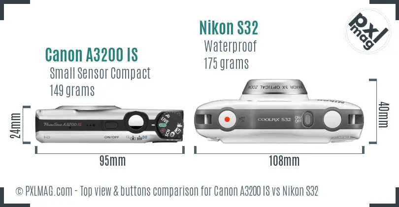 Canon A3200 IS vs Nikon S32 top view buttons comparison Canon A3200 IS vs Nikon S32 top view buttons comparison