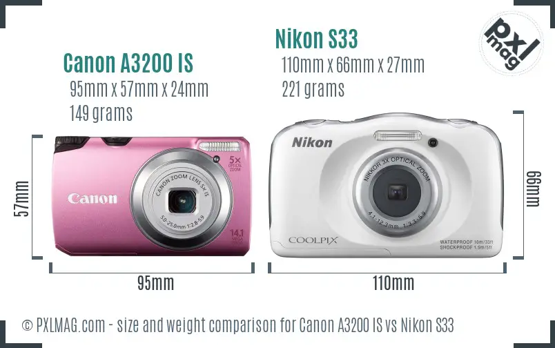 Canon A3200 IS vs Nikon S33 size comparison