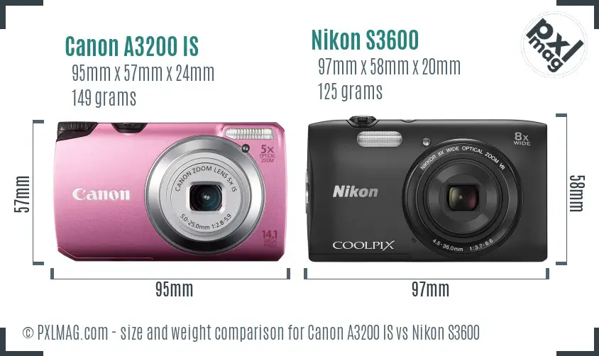 Canon A3200 IS vs Nikon S3600 size comparison