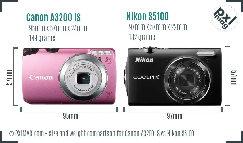 Canon A3200 IS vs Nikon S5100 size comparison