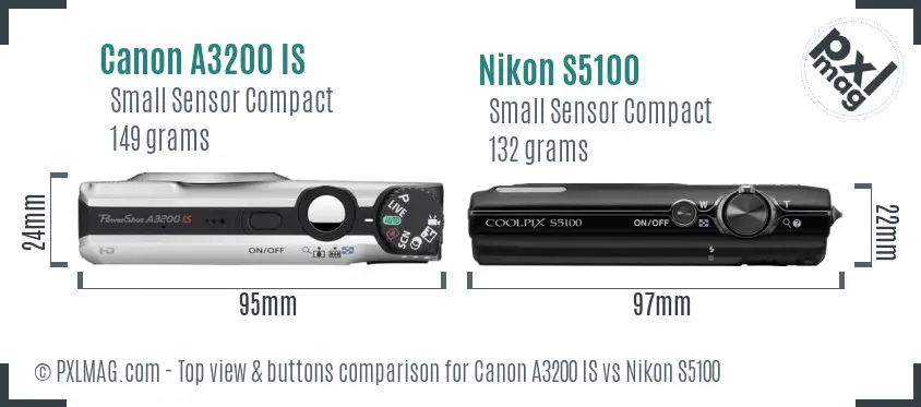 Canon A3200 IS vs Nikon S5100 top view buttons comparison
