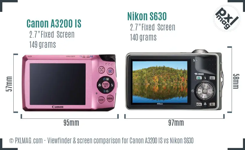 Canon A3200 IS vs Nikon S630 Screen and Viewfinder comparison