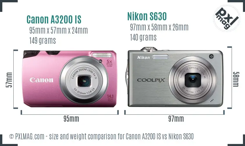 Canon A3200 IS vs Nikon S630 size comparison