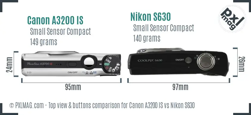 Canon A3200 IS vs Nikon S630 top view buttons comparison