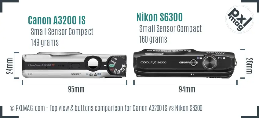 Canon A3200 IS vs Nikon S6300 top view buttons comparison