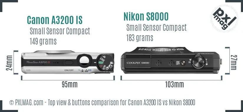 Canon A3200 IS vs Nikon S8000 top view buttons comparison