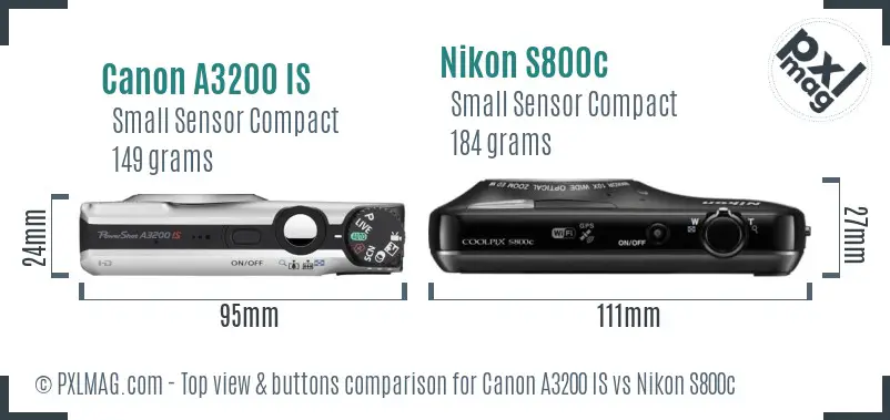 Canon A3200 IS vs Nikon S800c top view buttons comparison Canon A3200 IS vs Nikon S800c top view buttons comparison